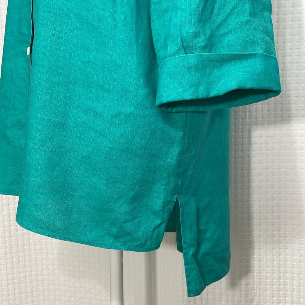 Lafayette 148 New York women's Size 10 teal green linen button up shirt. - Picture 3 of 8